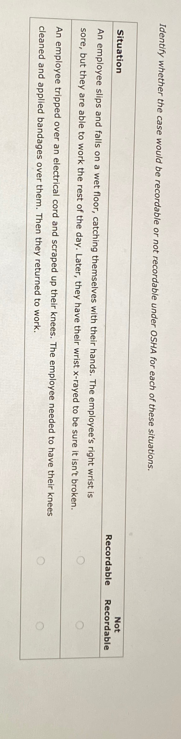  Identify whether the case would be recordable or not recordable under