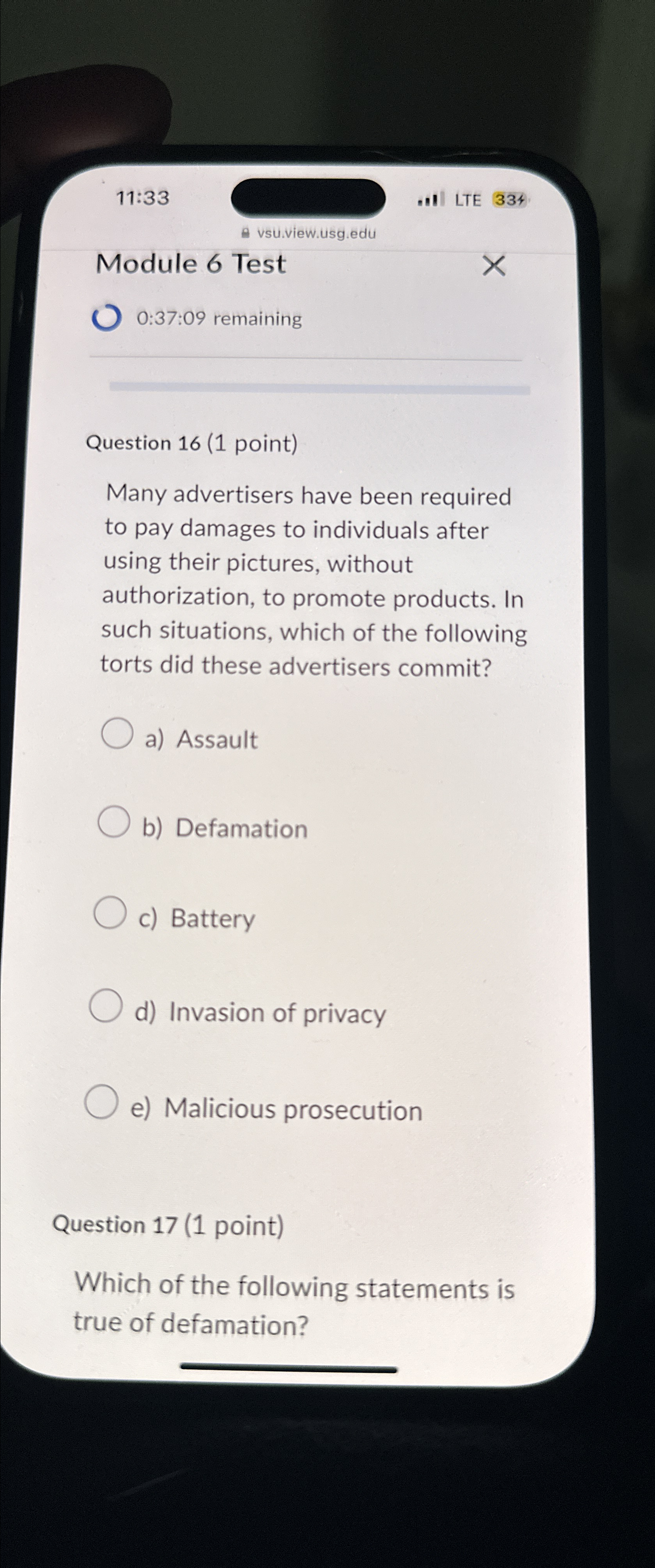  11:33 LTE 334 a vsu.view.usg.edu Module 6 Test 0:37:09 remaining Question