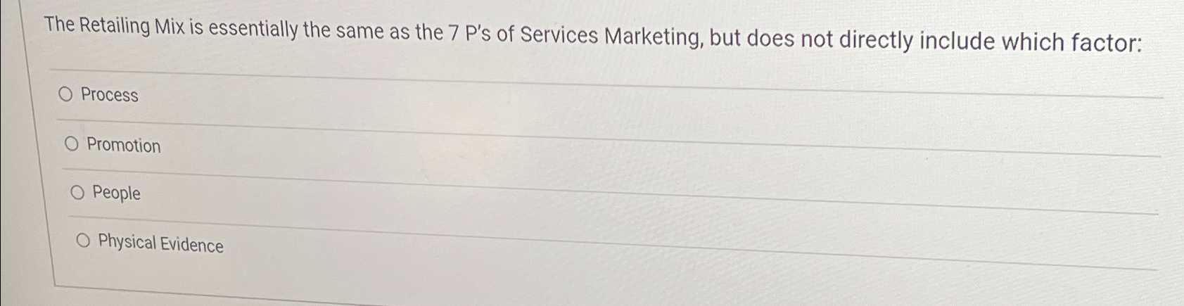  The Retailing Mix is essentially the same as the 7 P's