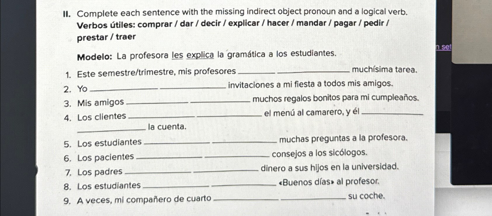  II. Complete each sentence with the missing indirect object pronoun and