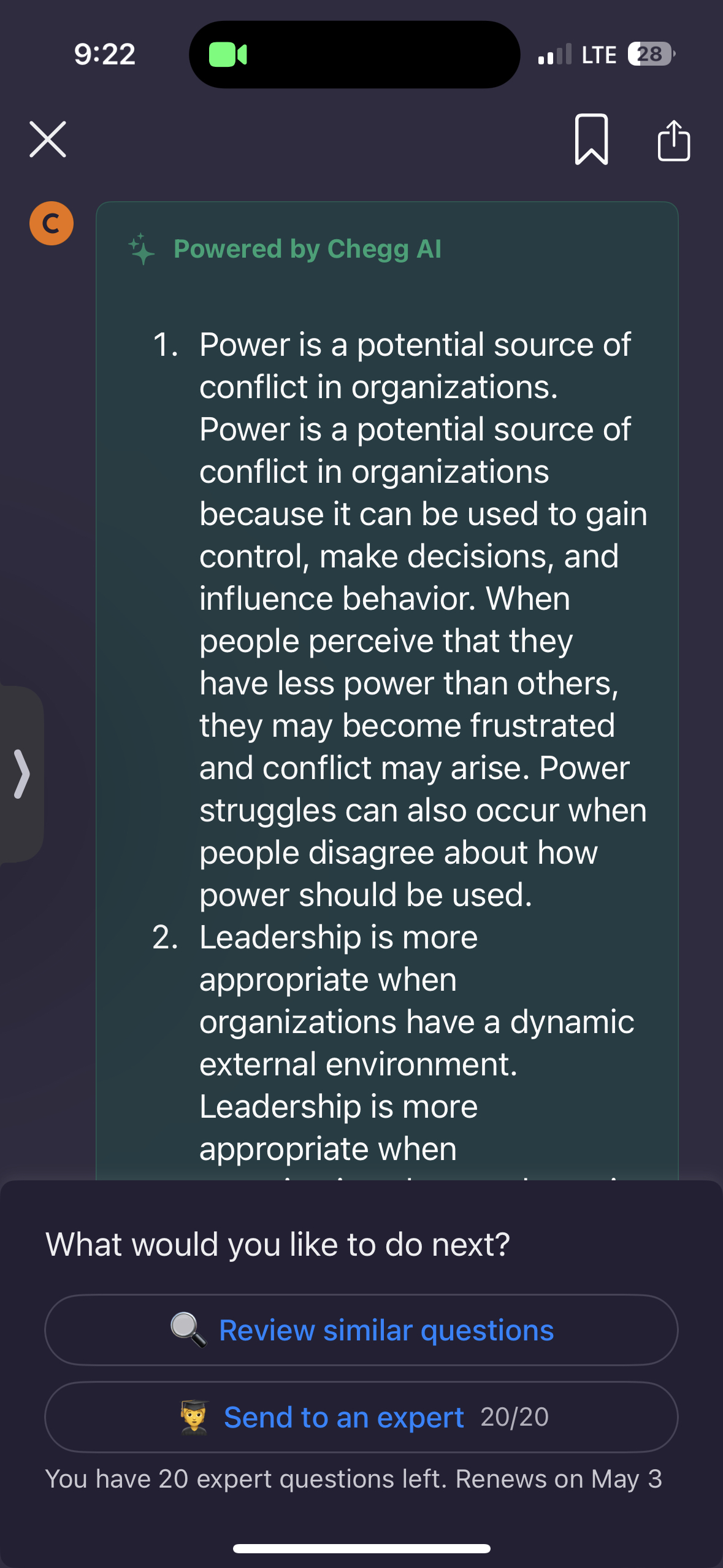 9:22 LTE 28 C +?+ Powered by Chegg Al Power is