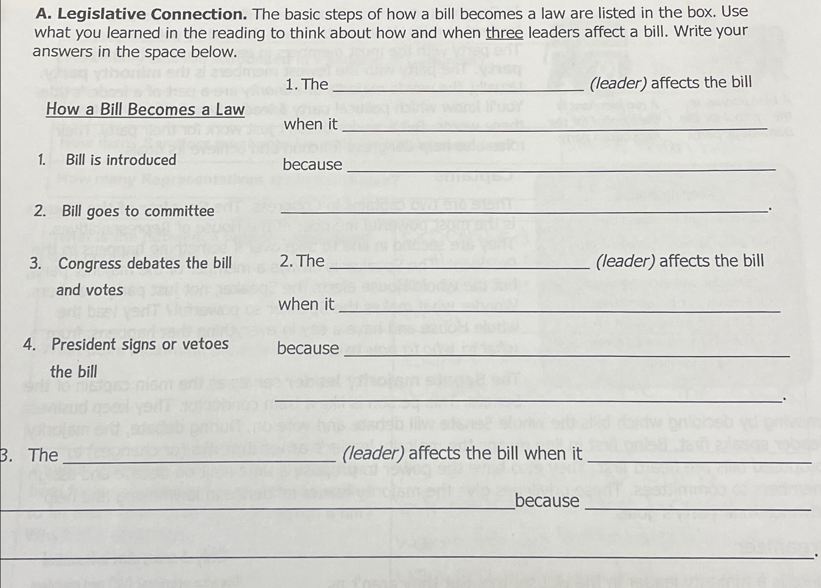  A. Legislative Connection. The basic steps of how a bill becomes