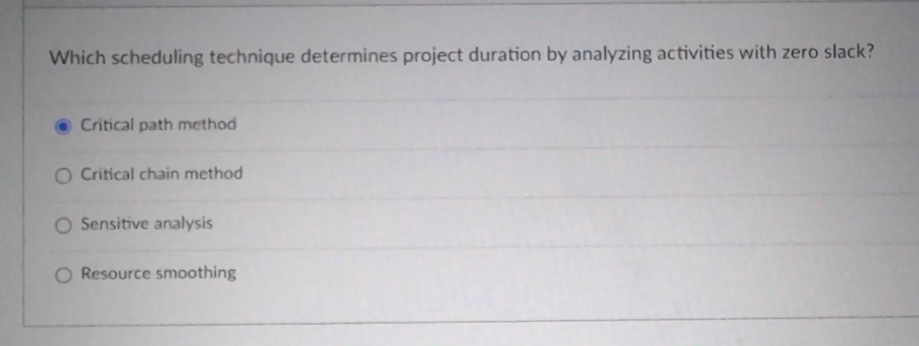  Which scheduling technique determines project duration by analyzing activities with zero