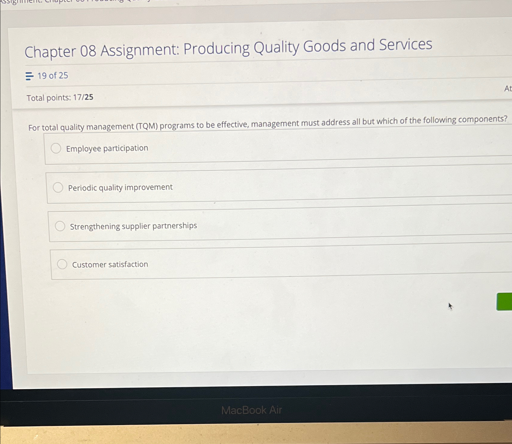  Chapter 08 Assignment: Producing Quality Goods and Services -=19 of 25
