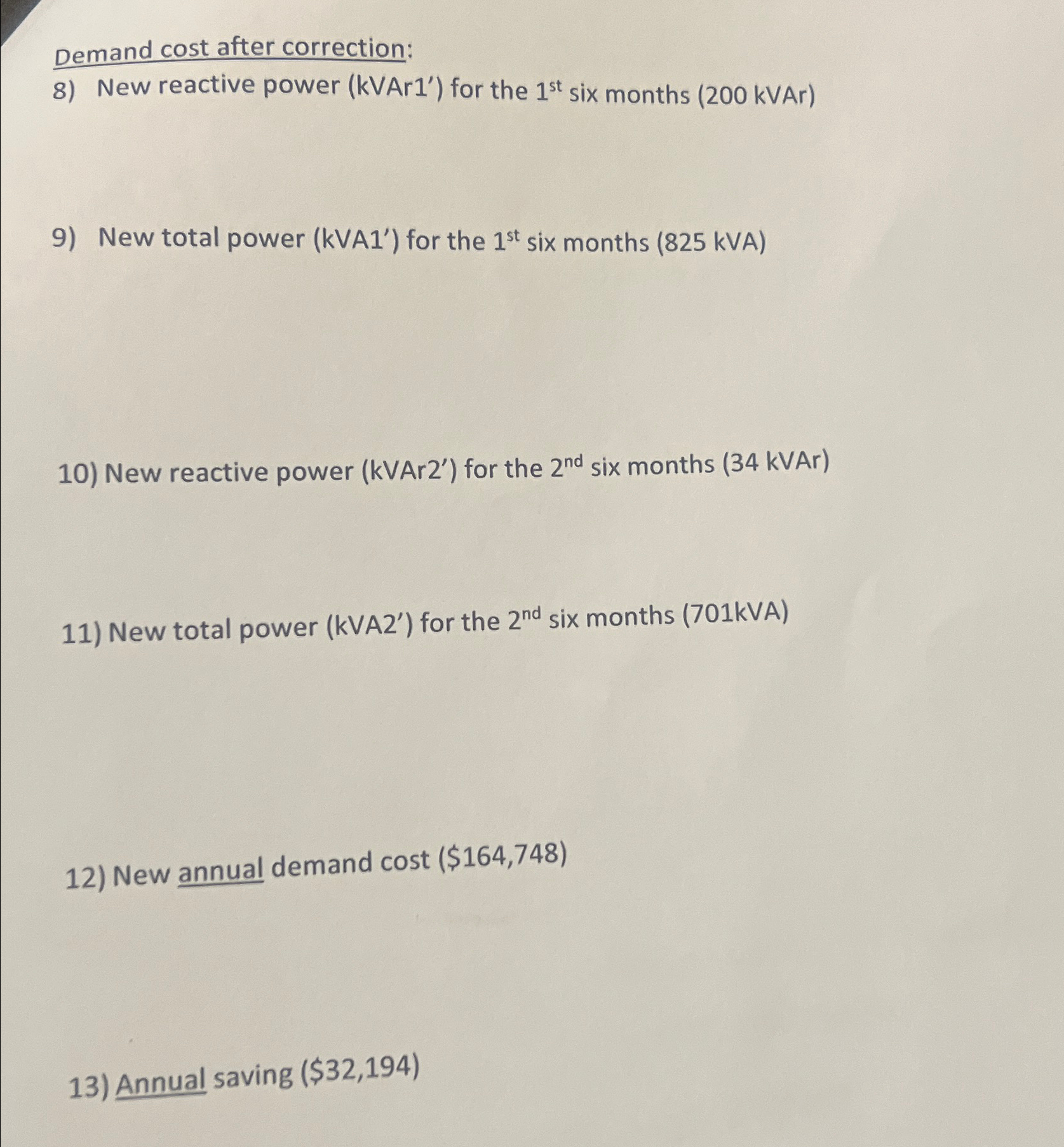  Demand cost after correction: New reactive power (kVAr1') for the 1st