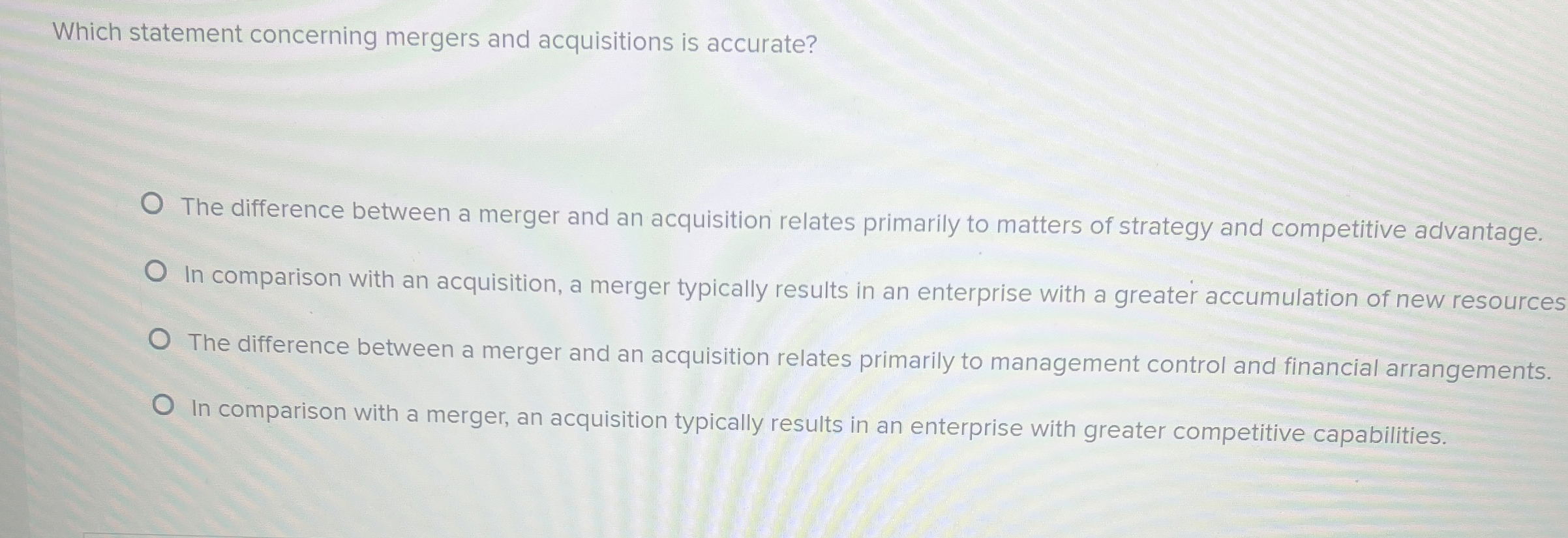  Which statement concerning mergers and acquisitions is accurate? The difference between