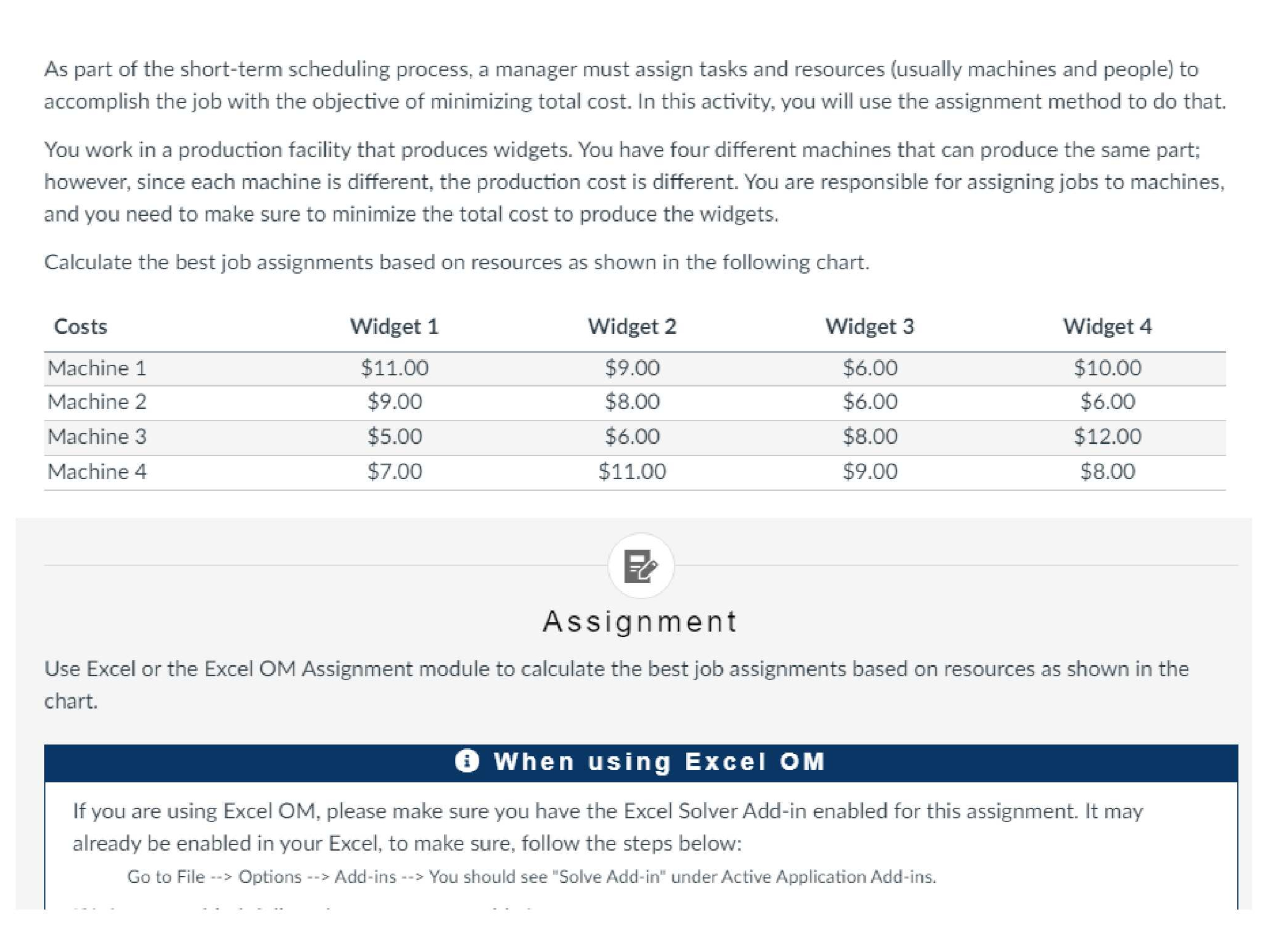 Assignment Use Excel or the Excel OM Assignment module to calculate