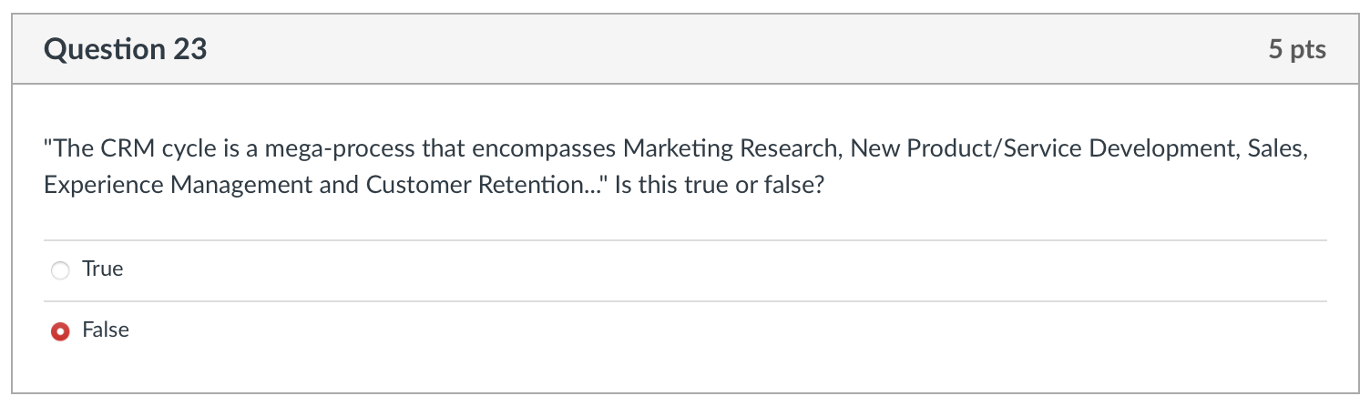  Question 23 "The CRM cycle is a mega-process that encompasses Marketing