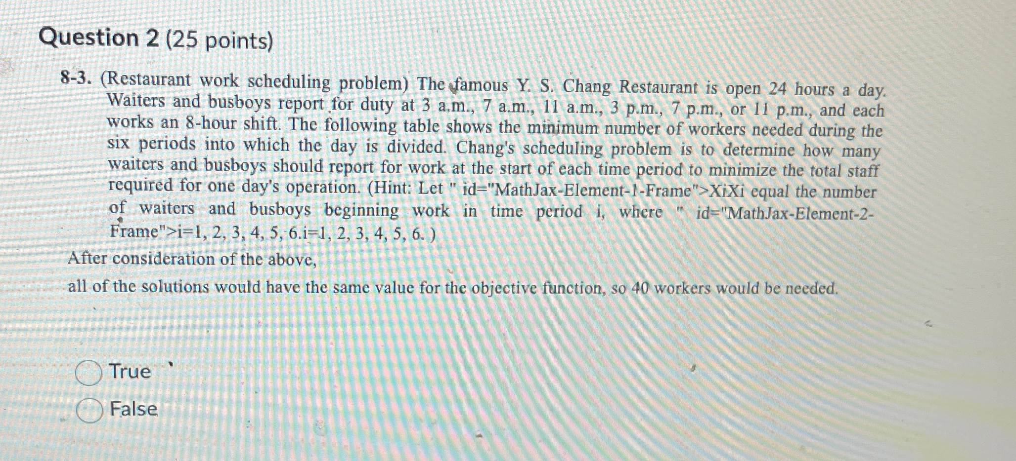  Question 2(25 points) 8-3.(Restaurant work scheduling problem) The famous Y. S.