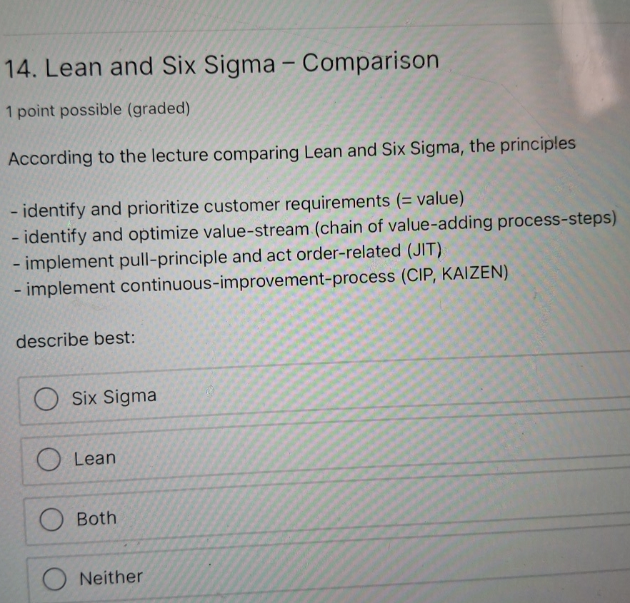  Lean and Six Sigma - Comparison 1 point possible (graded) According