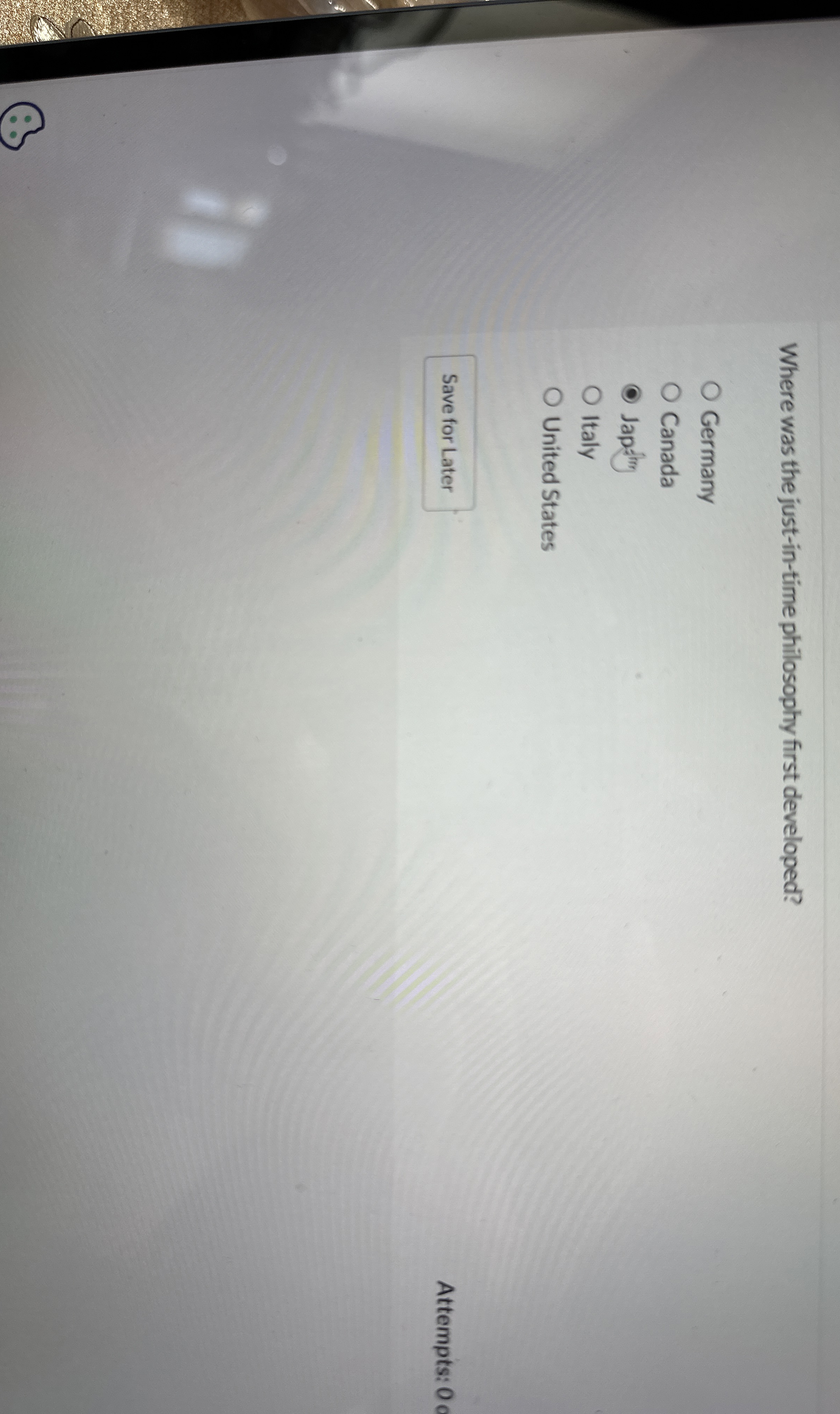  Where was the just-in-time philosophy first developed? Germany Canada Japettry Italy