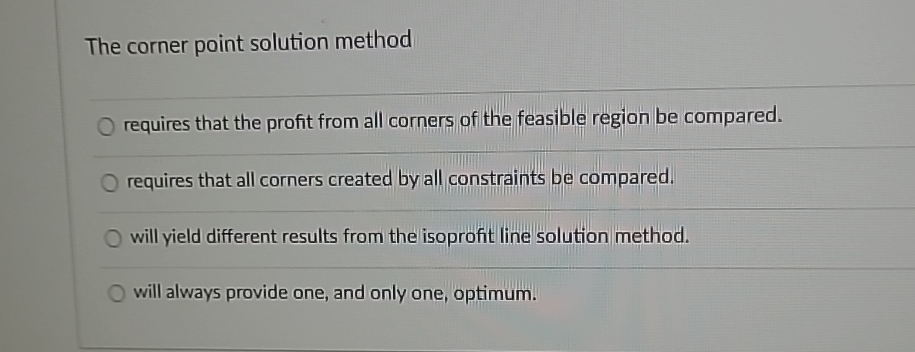  The corner point solution method q, requires that the profit from