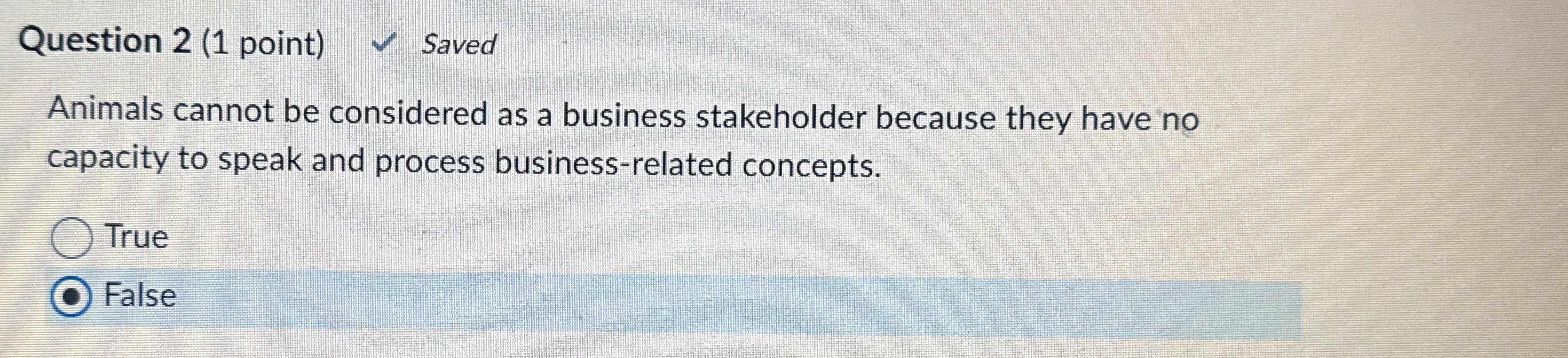  Question 2(1 point) Saved Animals cannot be considered as a business