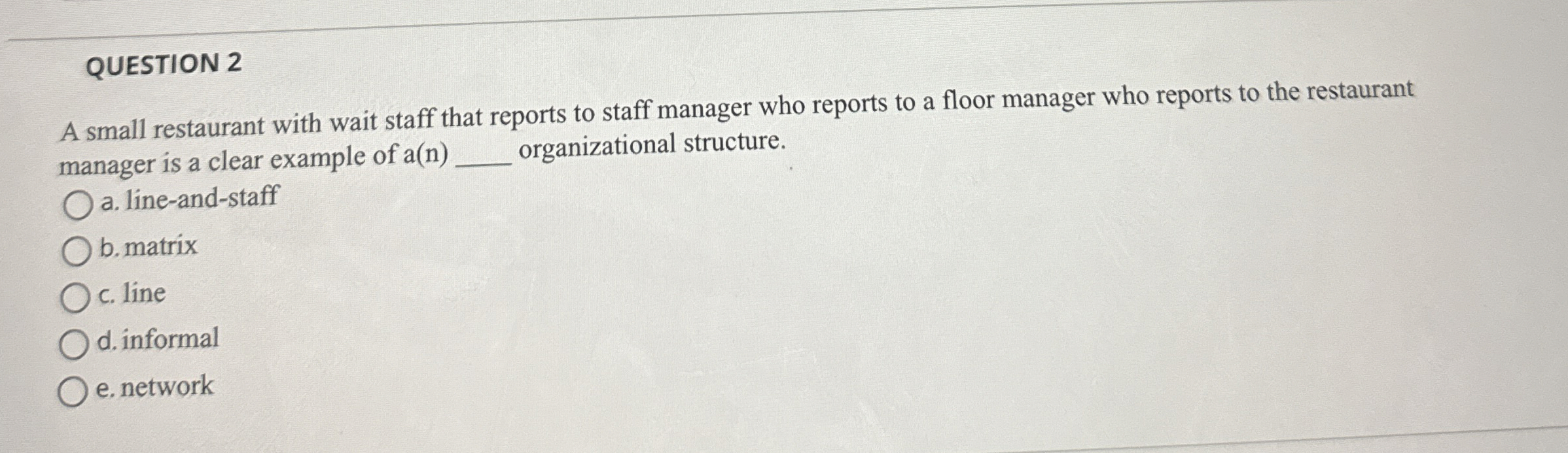  QUESTION 2 A small restaurant with wait staff that reports to
