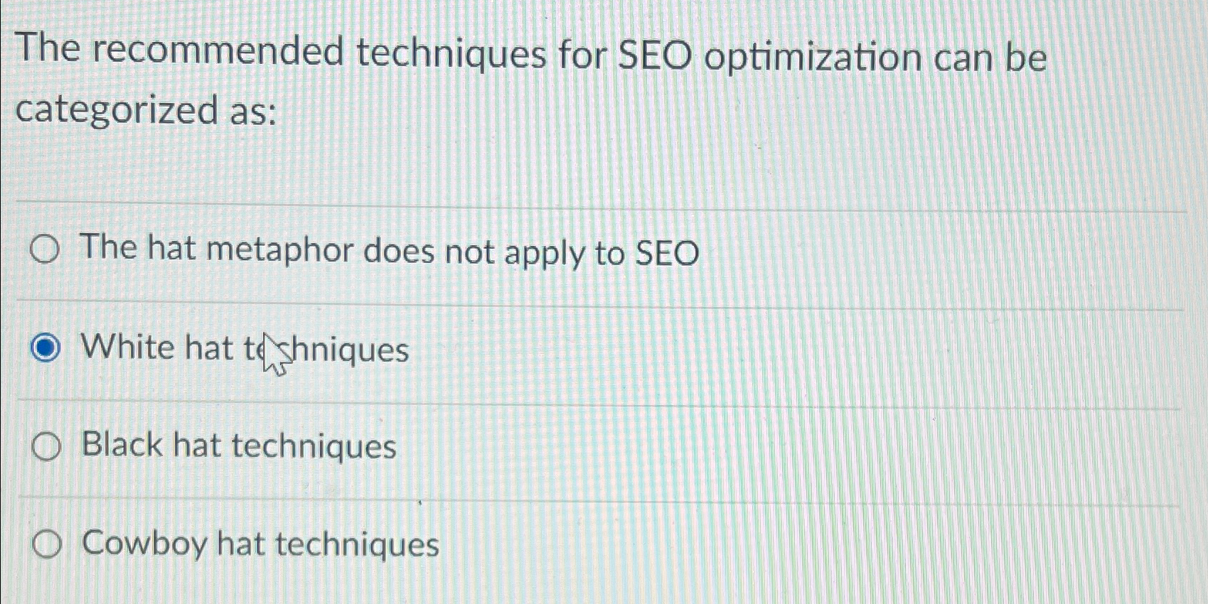  The recommended techniques for SEO optimization can be categorized as: The