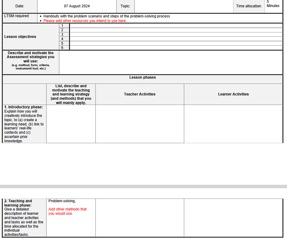  : Lesson Plan Use a new document (the template) Although your