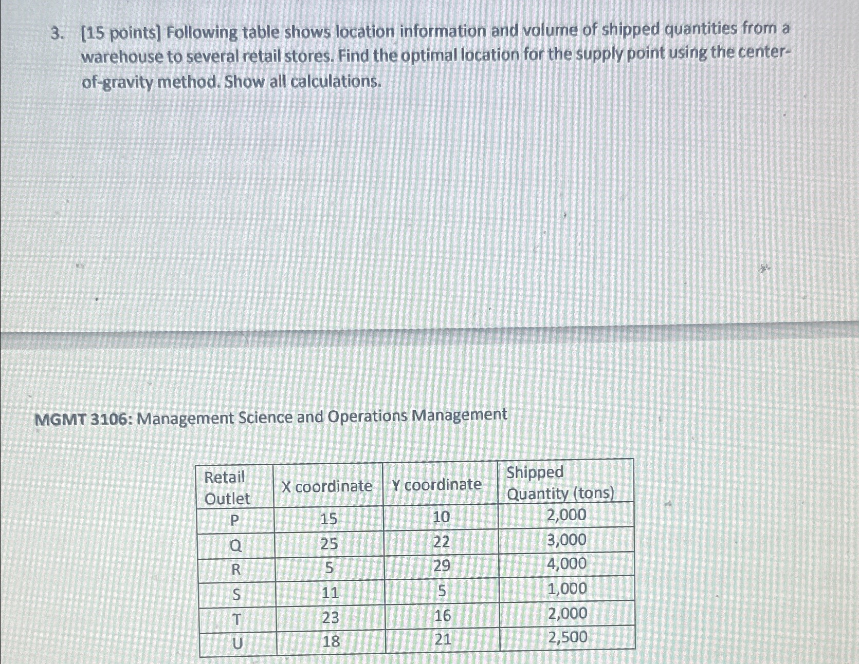  [15 points] Following table shows location information and volume of shipped
