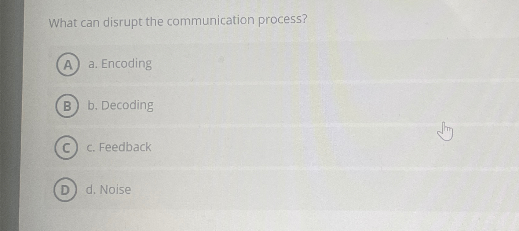  What can disrupt the communication process? a. Encoding b. Decoding c.