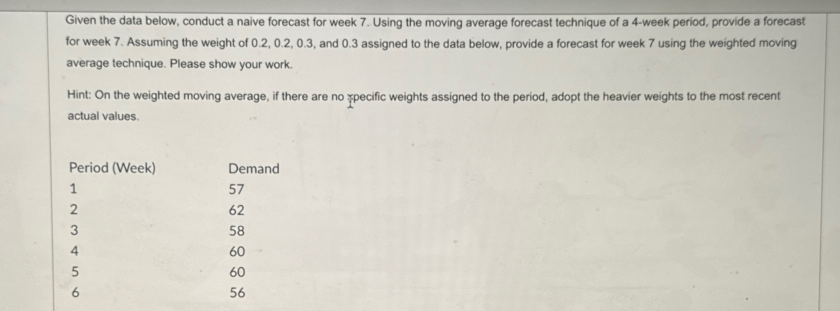  Given the data below, conduct a naive forecast for week 7.