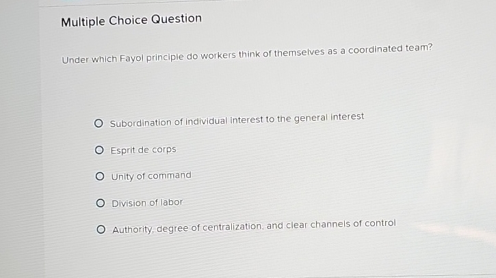  Multiple Choice Question Under which Fayol principle do workers think of
