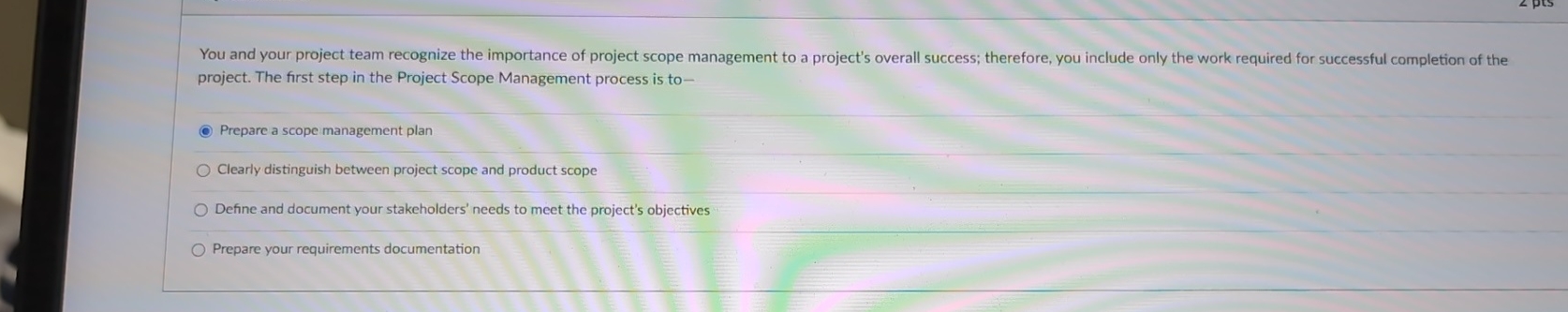  project. The first step in the Project Scope Management process is