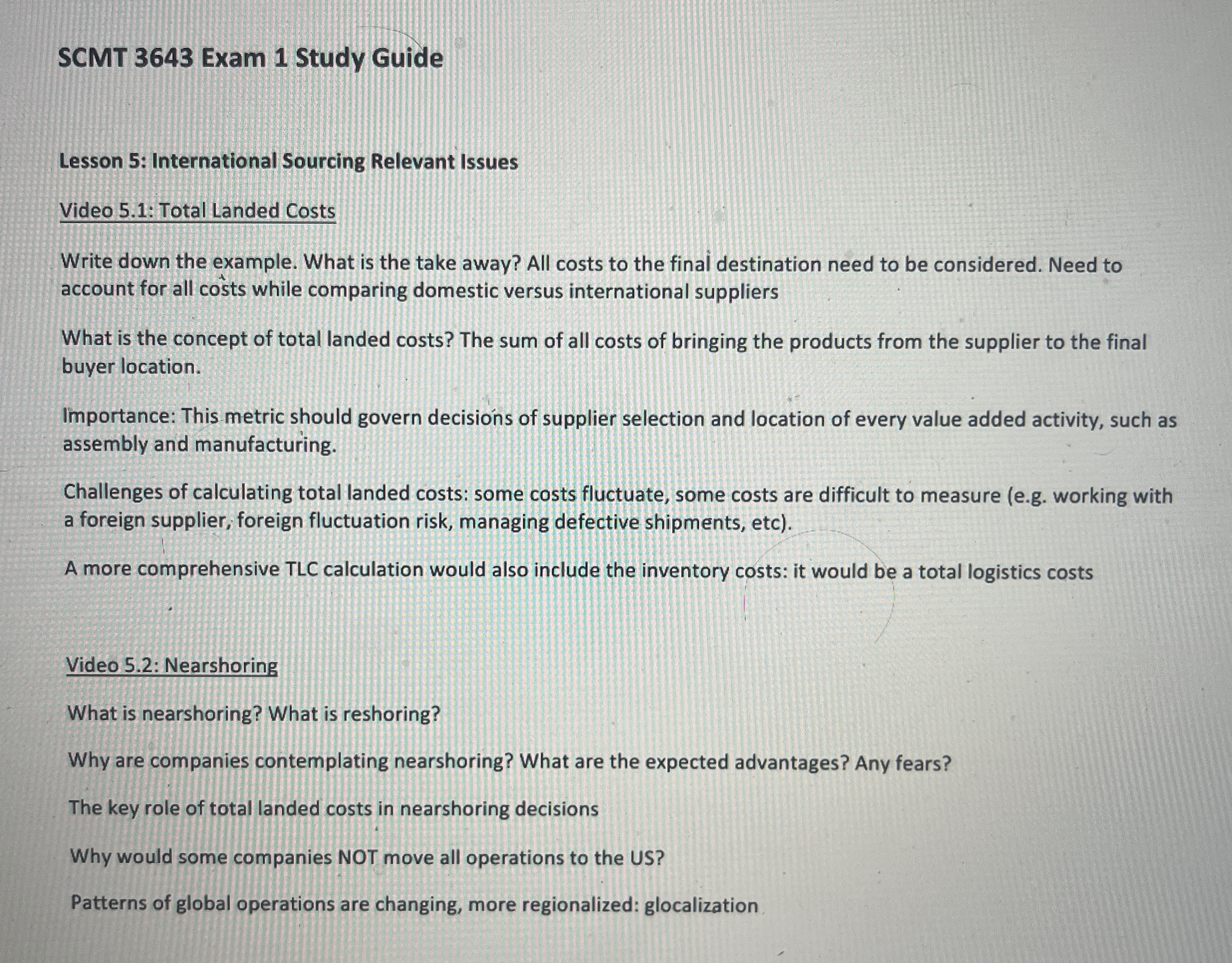  SCMT 3643 Exam 1 Study Guide Lesson 5: International Sourcing Relevant