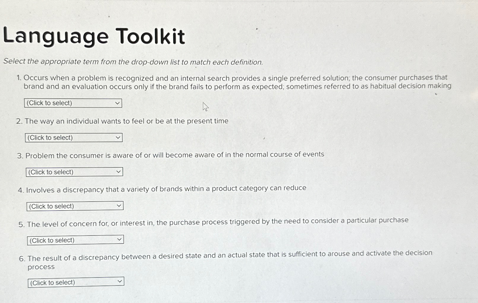  Language Toolkit Select the appropriate term from the drop-down list to
