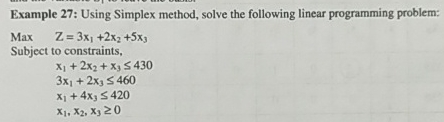  Example 27: Using Simplex method, solve the following linear programming problem: