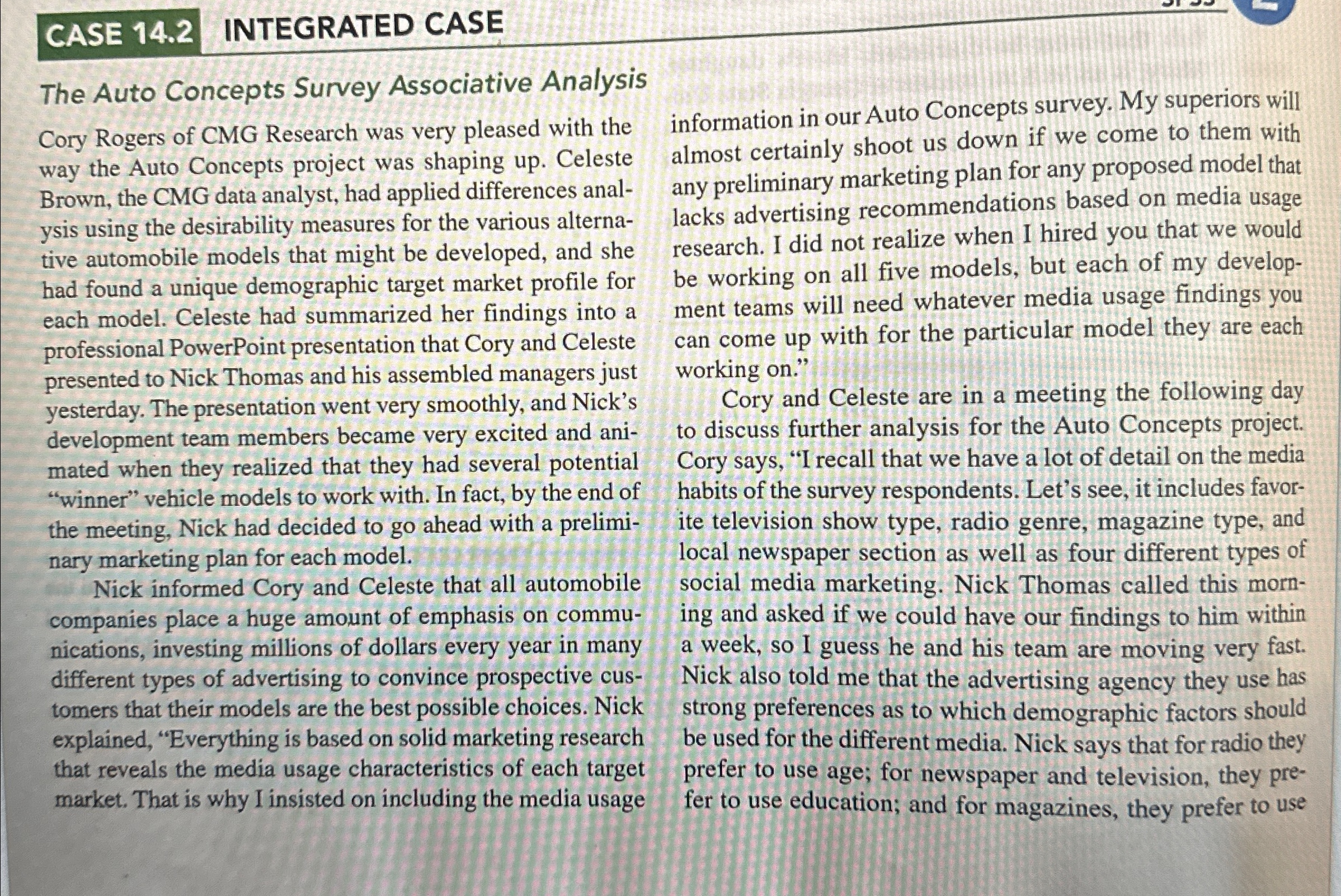  CASE 14.2 INTEGRATED CASE The Auto Concepts Survey Associative Analysis Cory