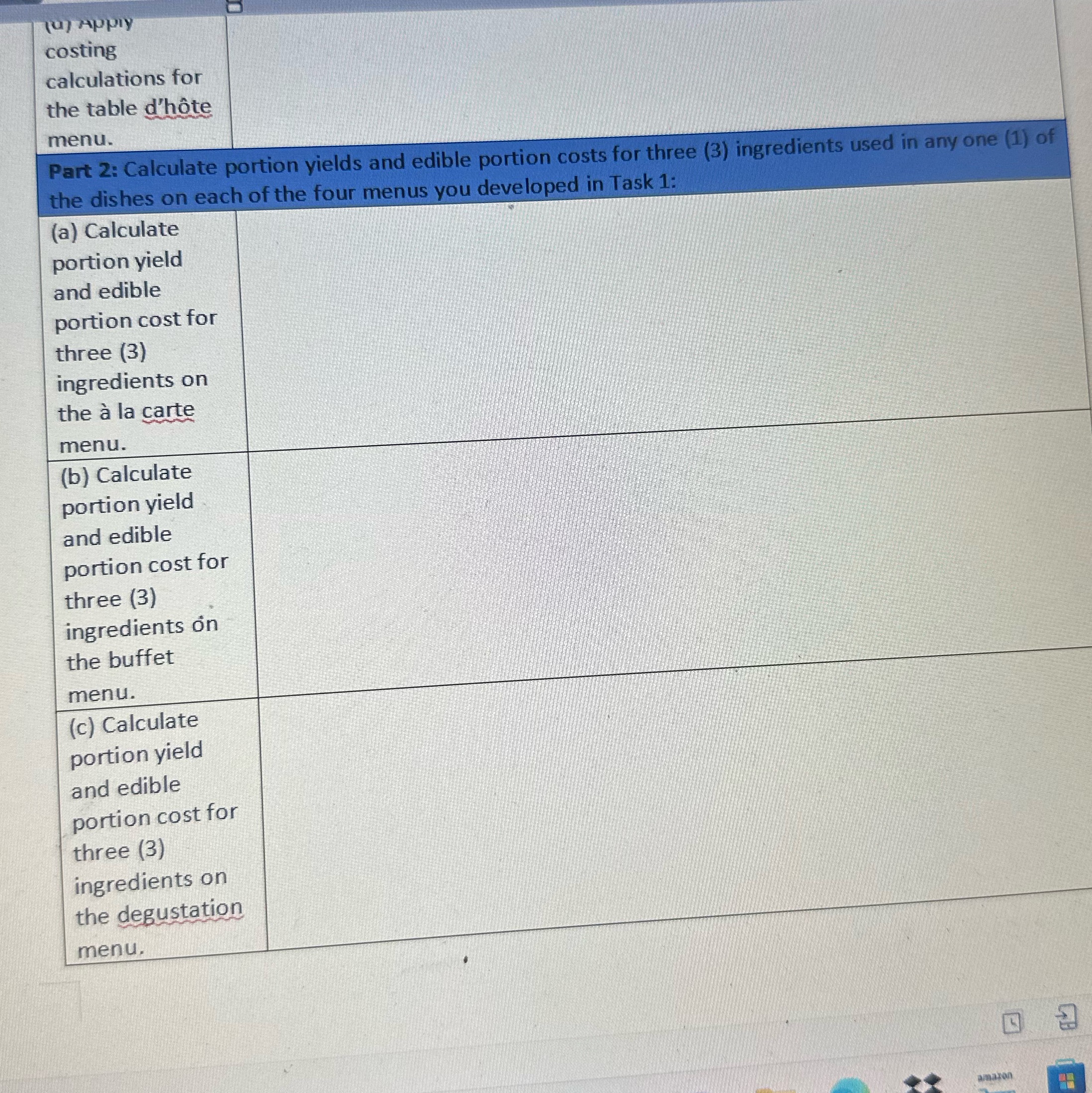  (0) Apply costing calculations for the table d'hote menu. Part 2: