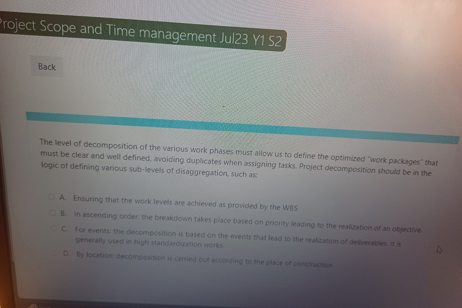  roject Scope and Time management Jul23 Y1 S2 Back The level