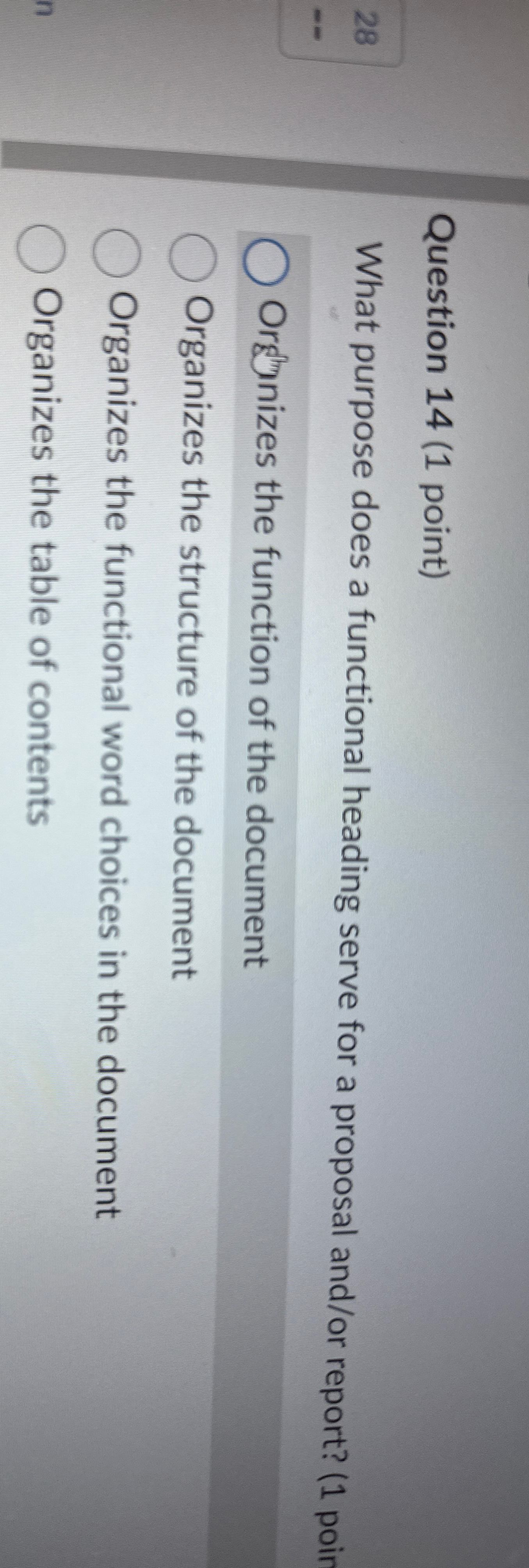  Question 14(1 point) What purpose does a functional heading serve for