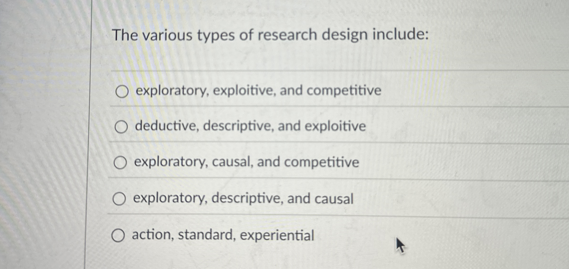  The various types of research design include: exploratory, exploitive, and competitive