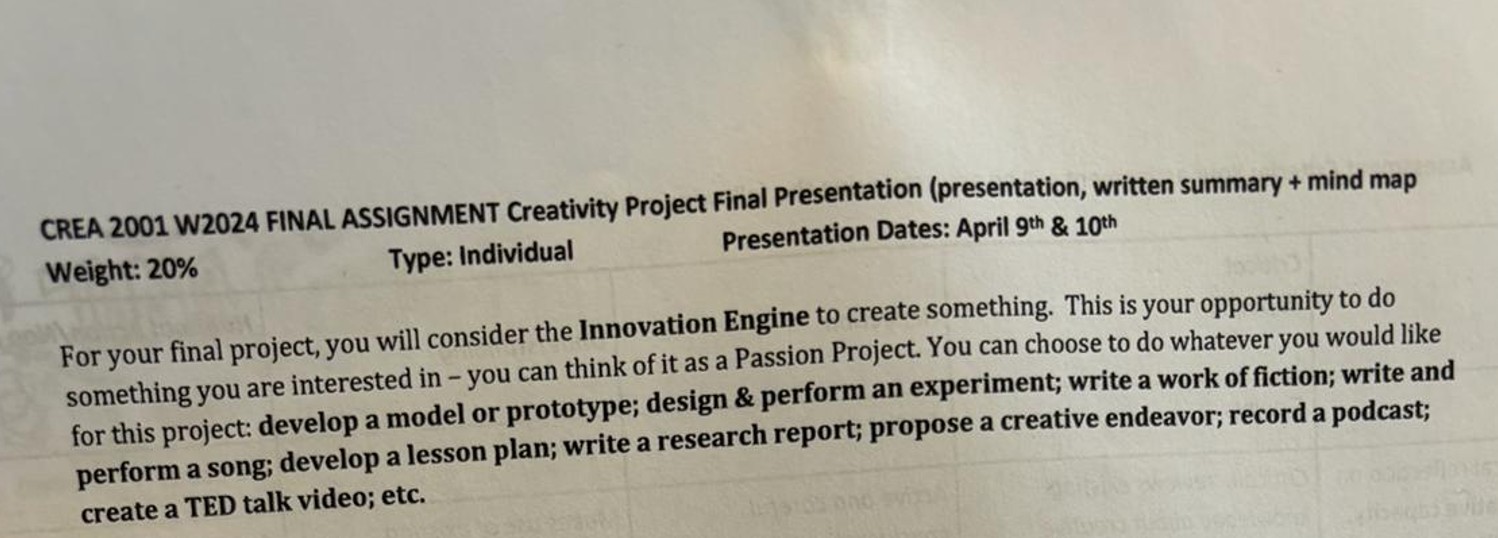  CREA 2001 W2024 FINAL ASSIGNMENT Creativity Project Final Presentation (presentation, written