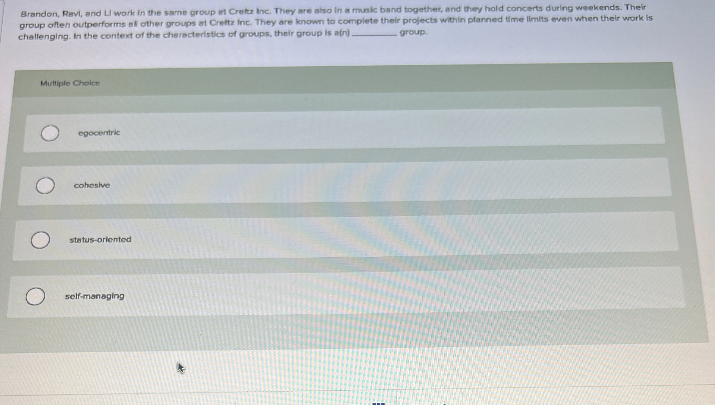  Brandon, Ravl, and Li work in the same group at Creltz