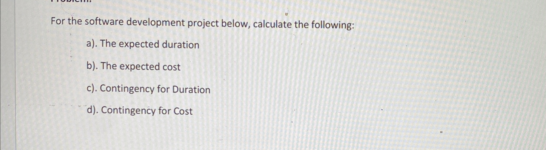  For the software development project below, calculate the following: a). The