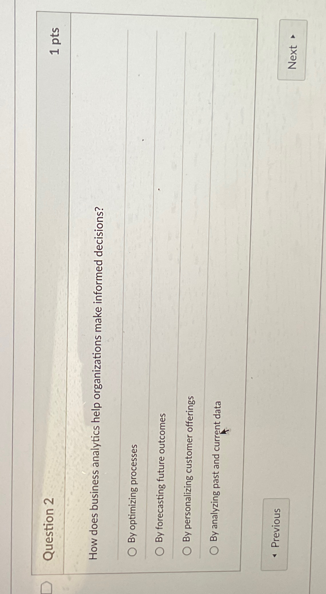  Question 2 1 pts How does business analytics help organizations make