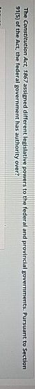 The Constitution Act, 1867 assigned different legislative powers to the federal