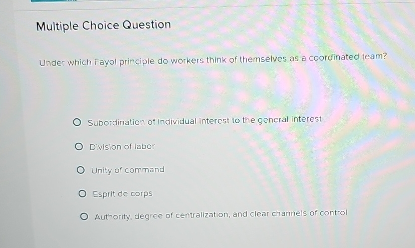  Multiple Choice Question Under which Fayol principle do workers think of