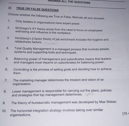  ANSWER ALL THE QUESTIONS (i) TRUE OR FALSE QUESTIONS Choose whether