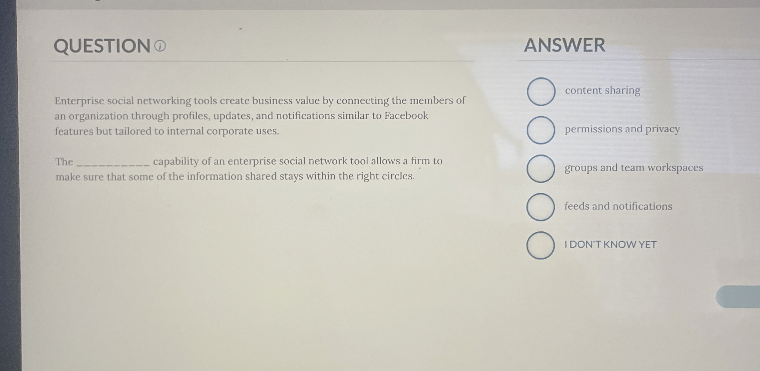  QUESTION ( ANSWER content sharing Enterprise social networking tools create business