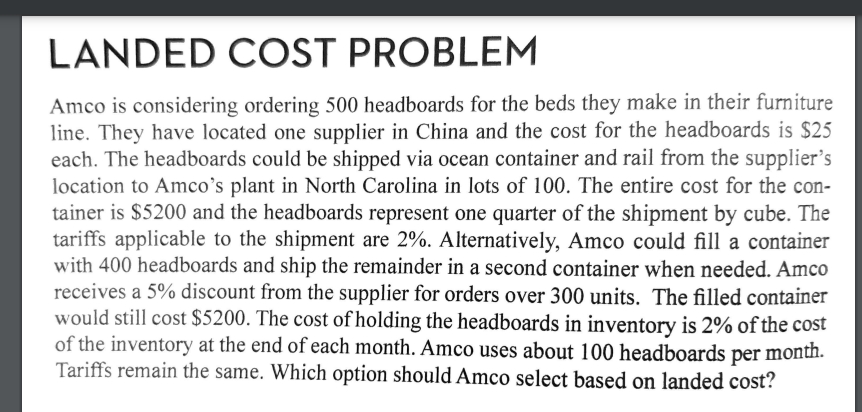  LANDED COST PROBLEM Amco is considering ordering 500 headboards for the