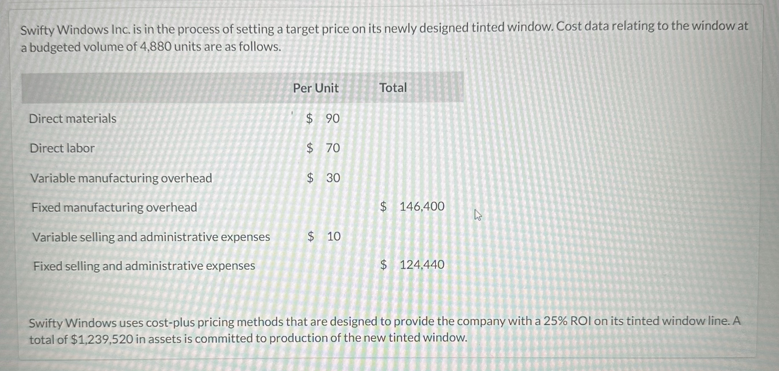 Compute the markup percentage under absorption cost pricing that will allow Swifty