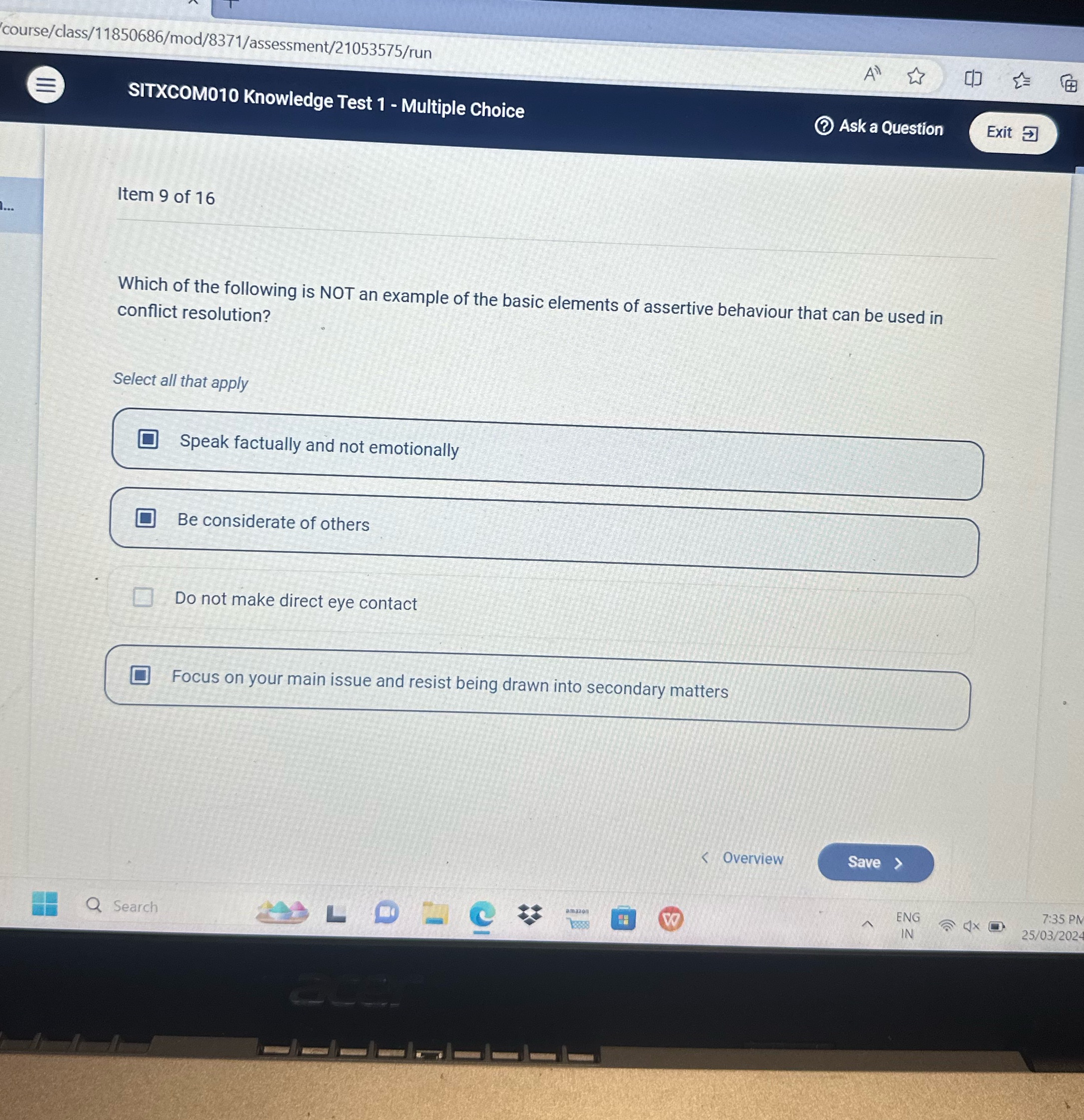  course/class/11850686/mod/8371/assessment/21053575/run 53 SITXCOM010 Knowledge Test 1 - Multiple Choice Ask a