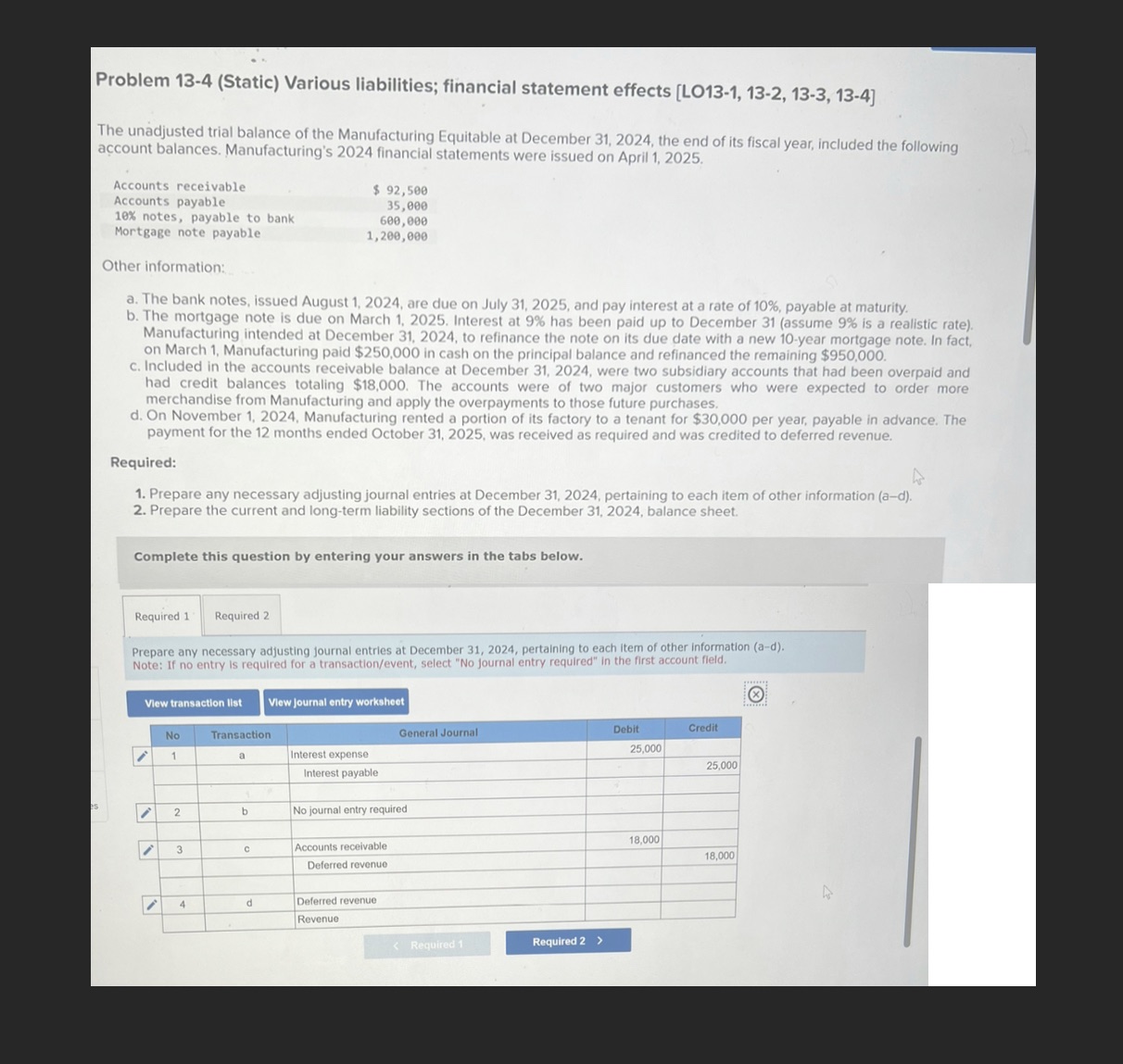  Problem 13-4 (Static) Various liabilities; financial statement effects [LO13-1, 13-2, 13-3,