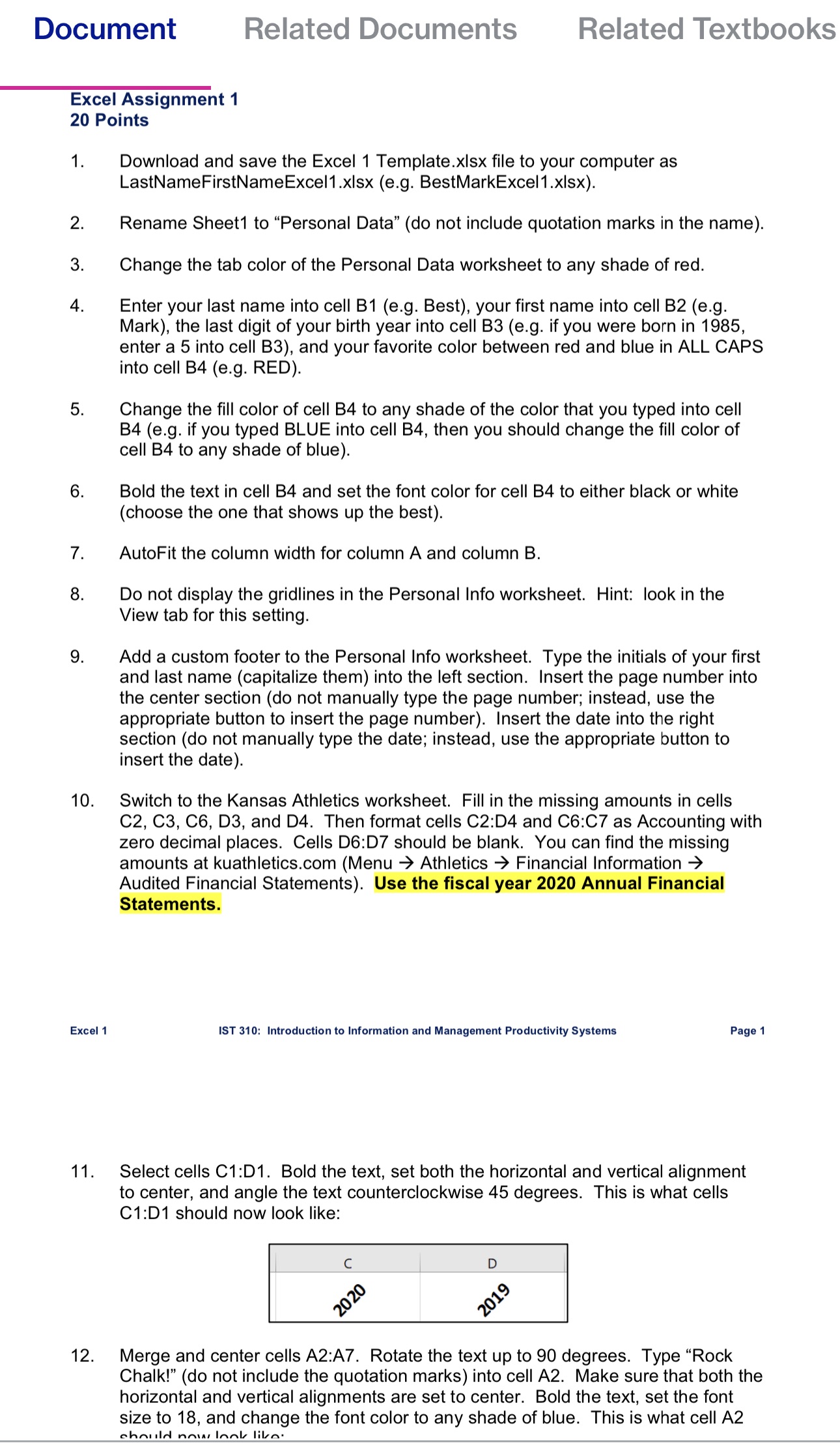  Document Related Documents Related Textbooks Excel Assignment 1 20 Points 1.