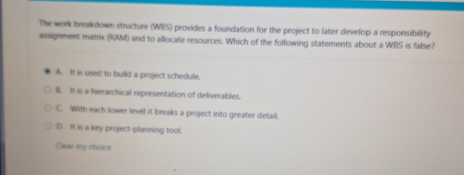  The work breakdown structure (WBS) provides a foundation for the project