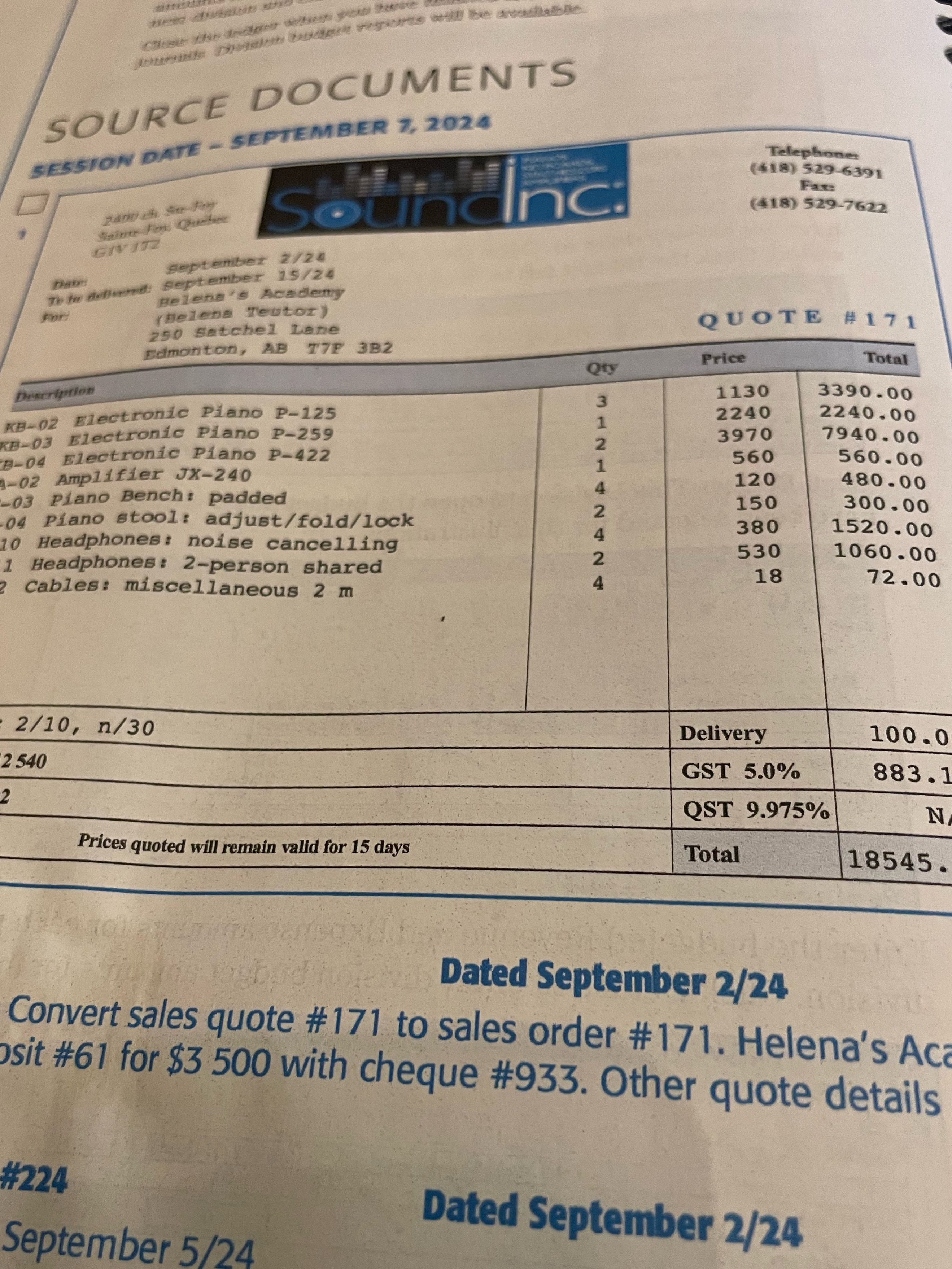  SOURCE DOCUMENTS \table[] Dated September 2/24 Convert sales quote #171 to