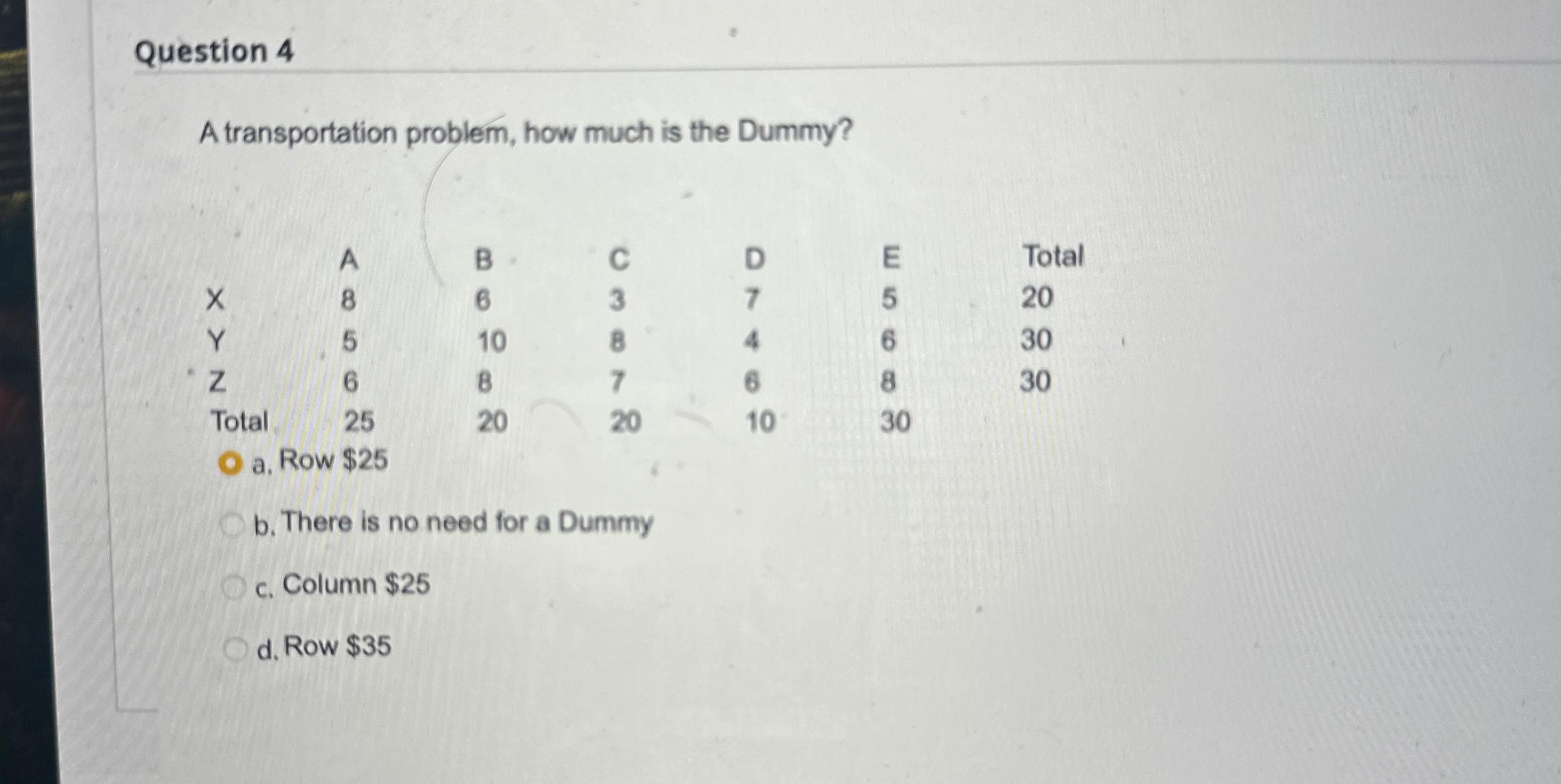  Question 4 A transportation problem, how much is the Dummy? \table[[,A,B,C,D,E,Total],[x,8,6,3,7,5,20],[Y,5,10,8,4,6,30],[Z,6,8,7,6,8,30],[Total,25,20,20,10,30,]]