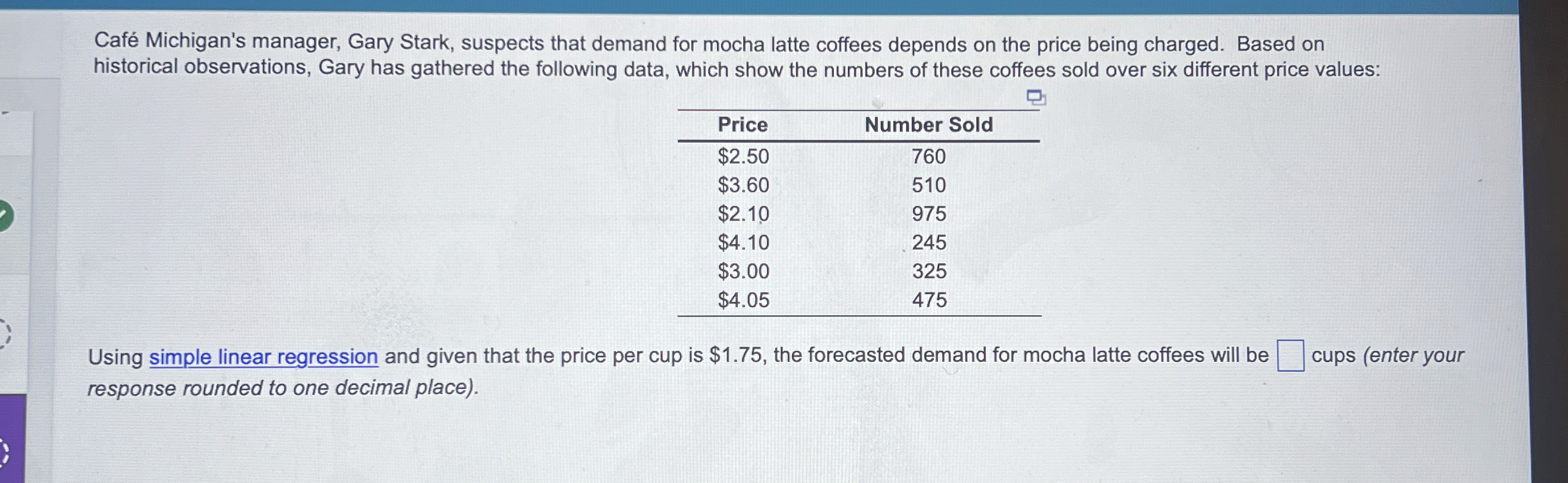  Caf Michigan's manager, Gary Stark, suspects that demand for mocha latte